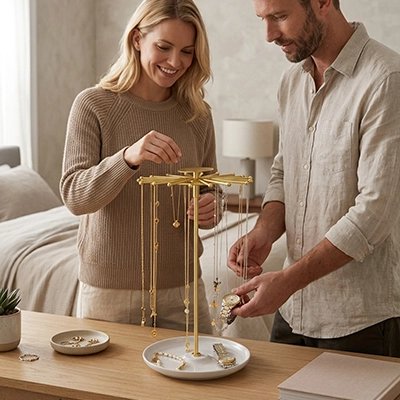 Couple range leur bijoux sur Porte bijoux dans chambre