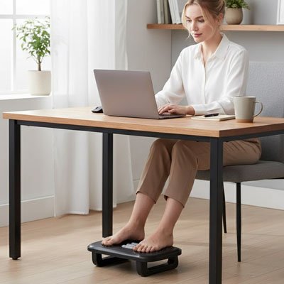 Femme assise travail sur ordinateur avec les pieds sur Repose pied bureau noir