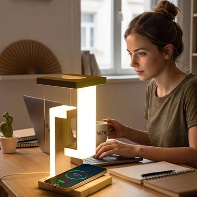 Femme dans bureau avec Lampe de bureau sur le bureau