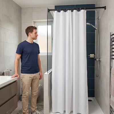 Homme dans douche regade riedau apres avoir installer sur Barre de douche