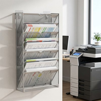Organisateur de bureau gris accroché au mur dans bureau