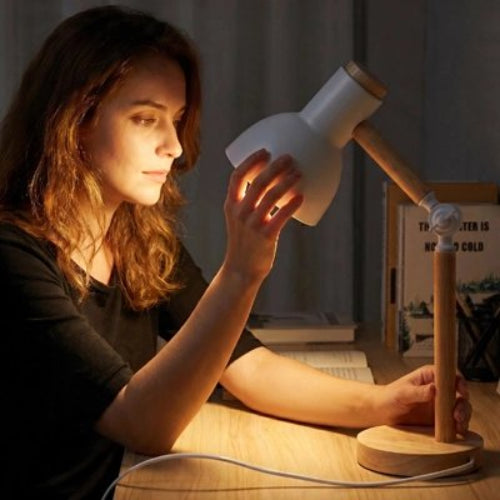  Femme dans bureau tient Lampe de bureau grise avec la main