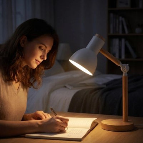 Femme dans chambre en train d écrire éclairée par Lampe de bureau grise sur la table