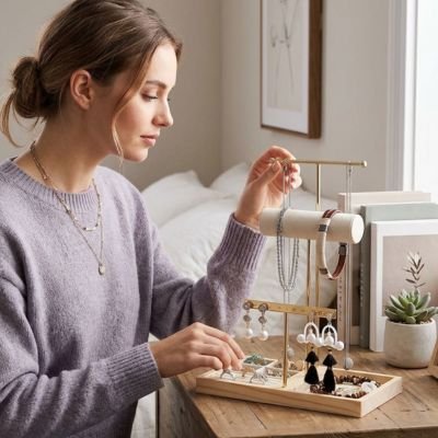 Femme assise range ses bijoux sur Porte bijoux dans chambre