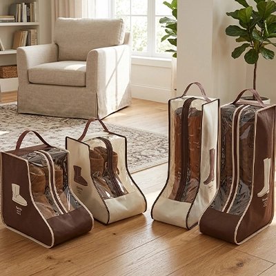 Sac à chaussures petit et grand marron blanc dans salon