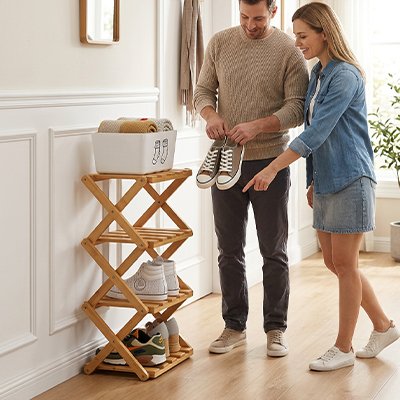 Couple range a coté  de Étagère à chaussures homme tient chaussures dans les mains