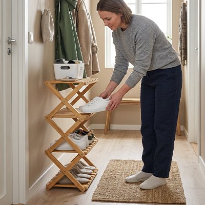  Femme accroupie dans entrée de maison range ses baskets sur Étagère à chaussures