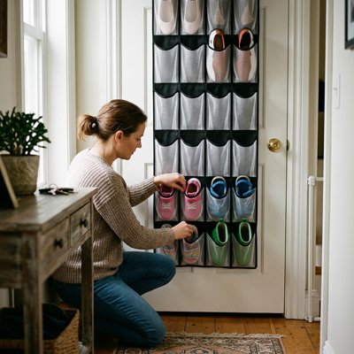 Femme accroupie range chaussures dans Rangement chaussures accroché sur porte d entrée
