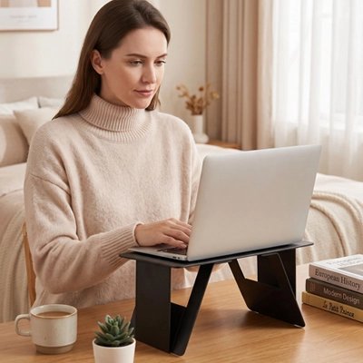 Femme assise dans chambre travail confortableblement avec son pc poser sur Support pc portable