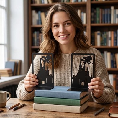Femme assise souriante tient en main Serre livre noir
