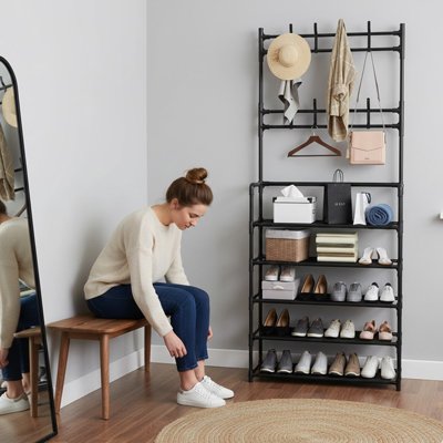  Femme assise sur banc  à coté  Étagère à chaussures vient de porter ses chaussures