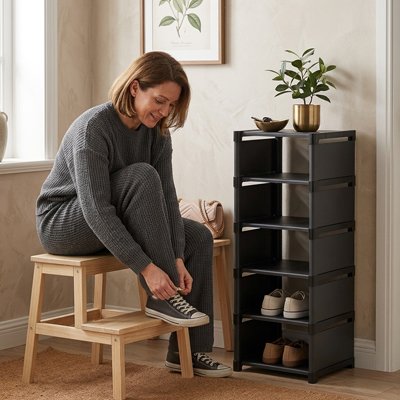 Femme assise sur tabouret a coté de  Étagère à chaussures porte chaussure