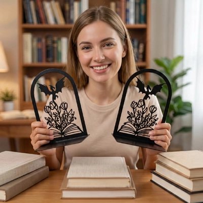 Femme contente tient en main Serre livre noir