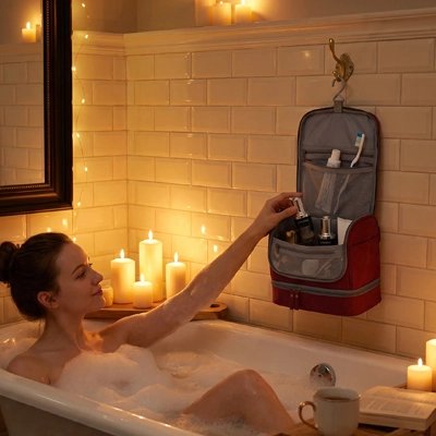 Femme dans beignoir prend ses produits de soins dans Trousse de toilette