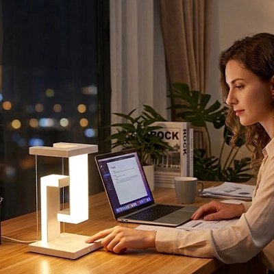 Femme dans bureau allume Lampe de bureau
