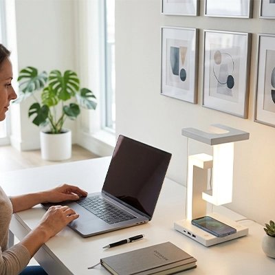 Femme dans bureau avec Lampe de bureau sur bureau