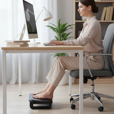Femme dans bureau avec pied sur Repose pied bureau noir