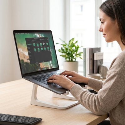 Femme dans bureau tape le clavier de ordinateur portable poser sur support pc portable blanc