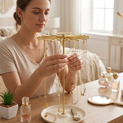 Femme dans chambre arrange ses bijoux sur Porte bijoux