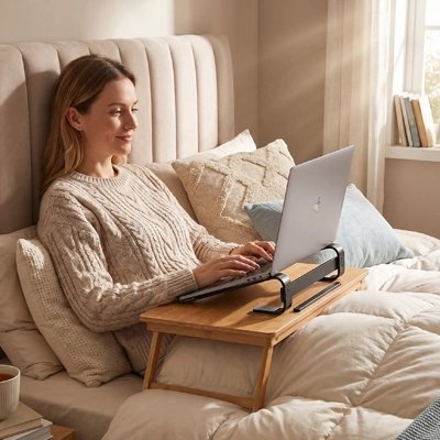 Femme dans chambre avec son ordinateur poser sur Support pour ordinateur portable sur une table sur ses jambes