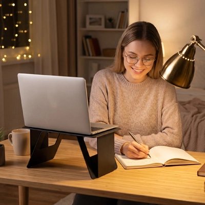 Femme dans chambre travail avec son pc poser sur Support pc portable noir avec lampe de table allumée 