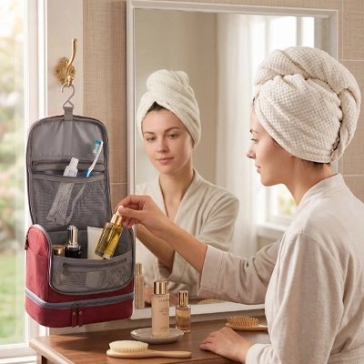  Femme dans salle de bain range ses produits de soins dans Trousse de toilette rouge