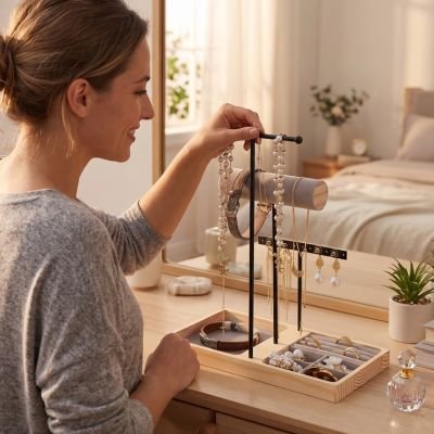 Femme debout sourit accroche ses chaines  sur Porte bijoux noir dans chambre a coucher
