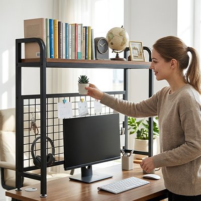 Femme debout tient un pot de fleur en main pour poser sur Etagere bureau