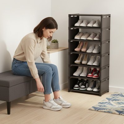 femme detendue assise pres de etagere a chaussure 