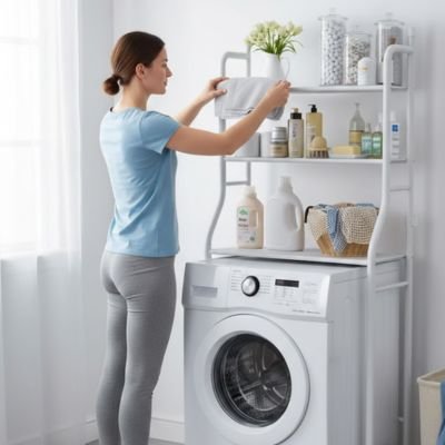 Femme étale serviette sur Étagère machine à laver 