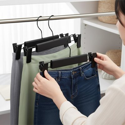 Femme place pantalon ranger avec Cintre pantalon​ sur barre dans placard