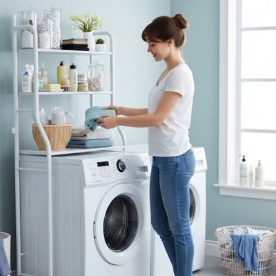  Femme plie et range serviettes de bain sur Étagère machine à laver 