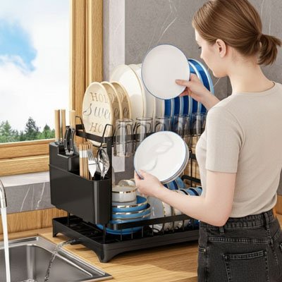  Femme range assiettes sur Egouttoir vaisselle noir dans cuisine