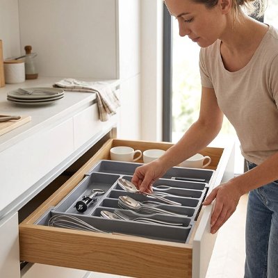  femme range cuillere dans range couvert a la cuisine