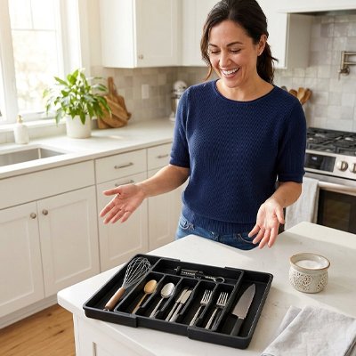  femme souriante en cuisine contente de son range couvert