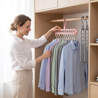 Femme souriante range chemises sur Cintre rose dans placard