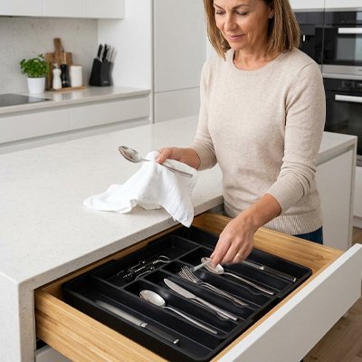  femme souriante range les cuilleres dans range couvert