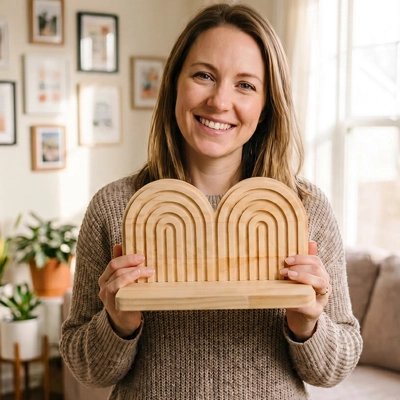 Femme souriante tient en main Etagere bois