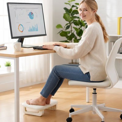 Femme souriente au bureau avec pieds sur Repose pied bureau blanc