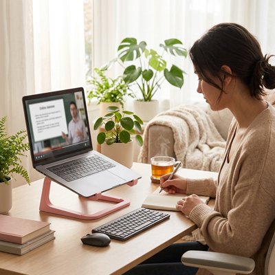 Femme travail depuis sa maison avec son pc poser sur support pc portable rose