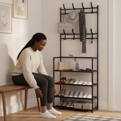 Femme vient de mettre ses chaussures  étant assise dans l entrée près Étagère à chaussures 