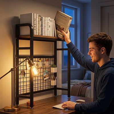 Homme assie avec le sourire range livre sur Etagere bureau noir