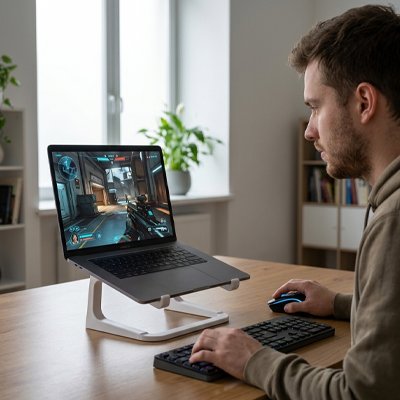 Homme assis dans bureau tient une sourire avec ordinateur portable sur support pc portable blanc