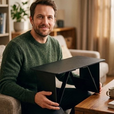 Homme assis dans canapé tient dans les mains Support pc portable noir
