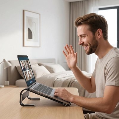 Homme assis dans chambre tient reunion sur son ordinateur poser sur Support pour ordinateur portable noir