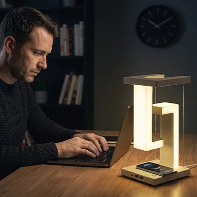 Homme assis en train de travailler avec Lampe de bureau sur bureau