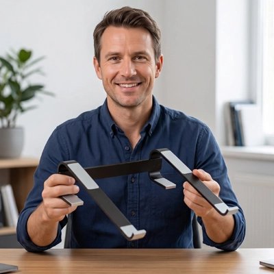 Homme assis tient avec les deux mains Support pour ordinateur portable noir