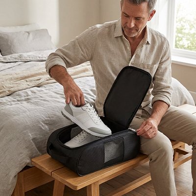Homme assit range chaussures dans Sac à chaussures