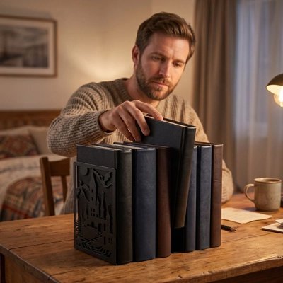 Homme dans bureau en train de placer livre dans Serre livre
