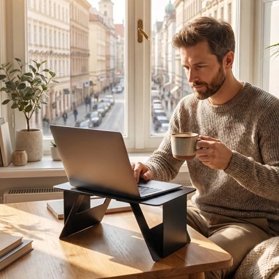 Homme dans bureau tenant une tasse a café dans la main travail sur son pc poser sur Support pc portable
